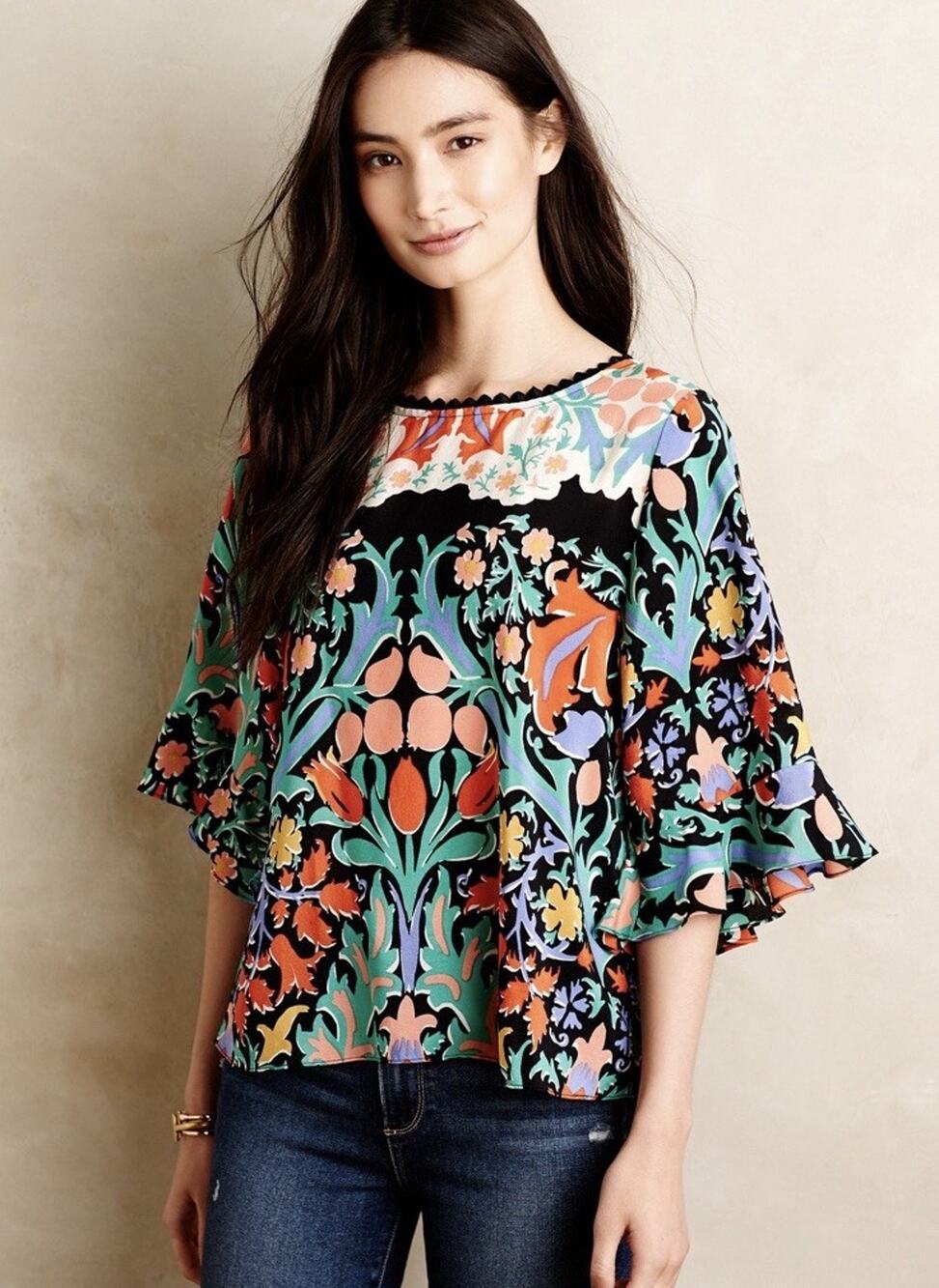 Maeve Women’s 100% Silk Folkart Kimono Top Size 2